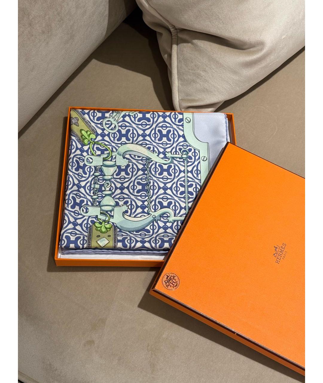 HERMES Голубой шелковый шарф, фото 6