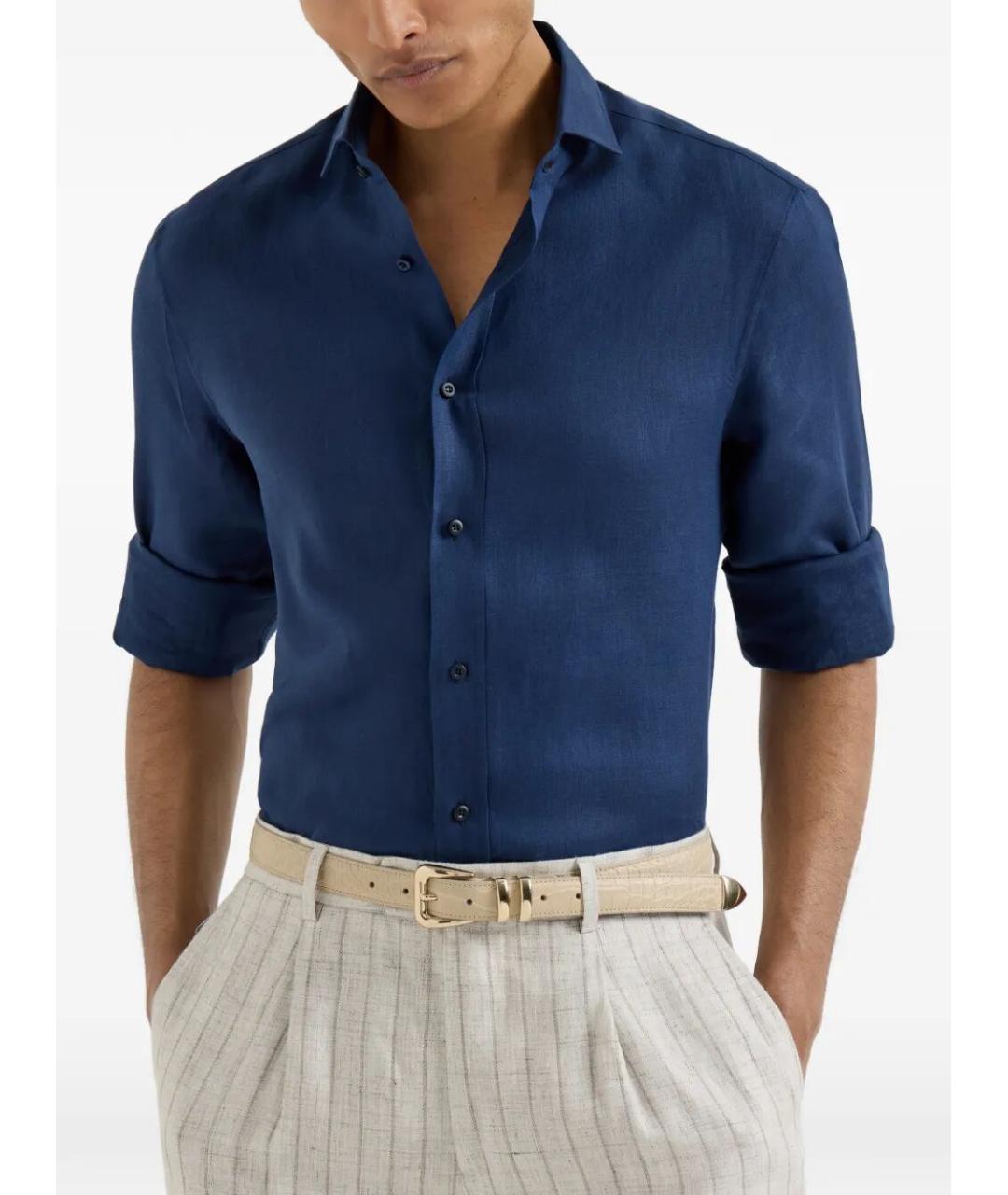 BRUNELLO CUCINELLI Синяя льняная кэжуал рубашка, фото 3