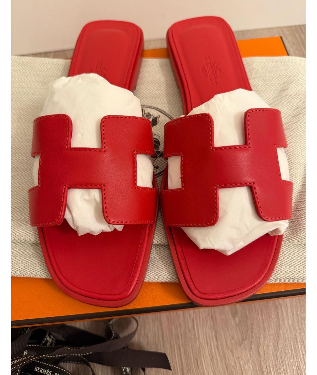 HERMES Красные кожаные шлепанцы, фото 7