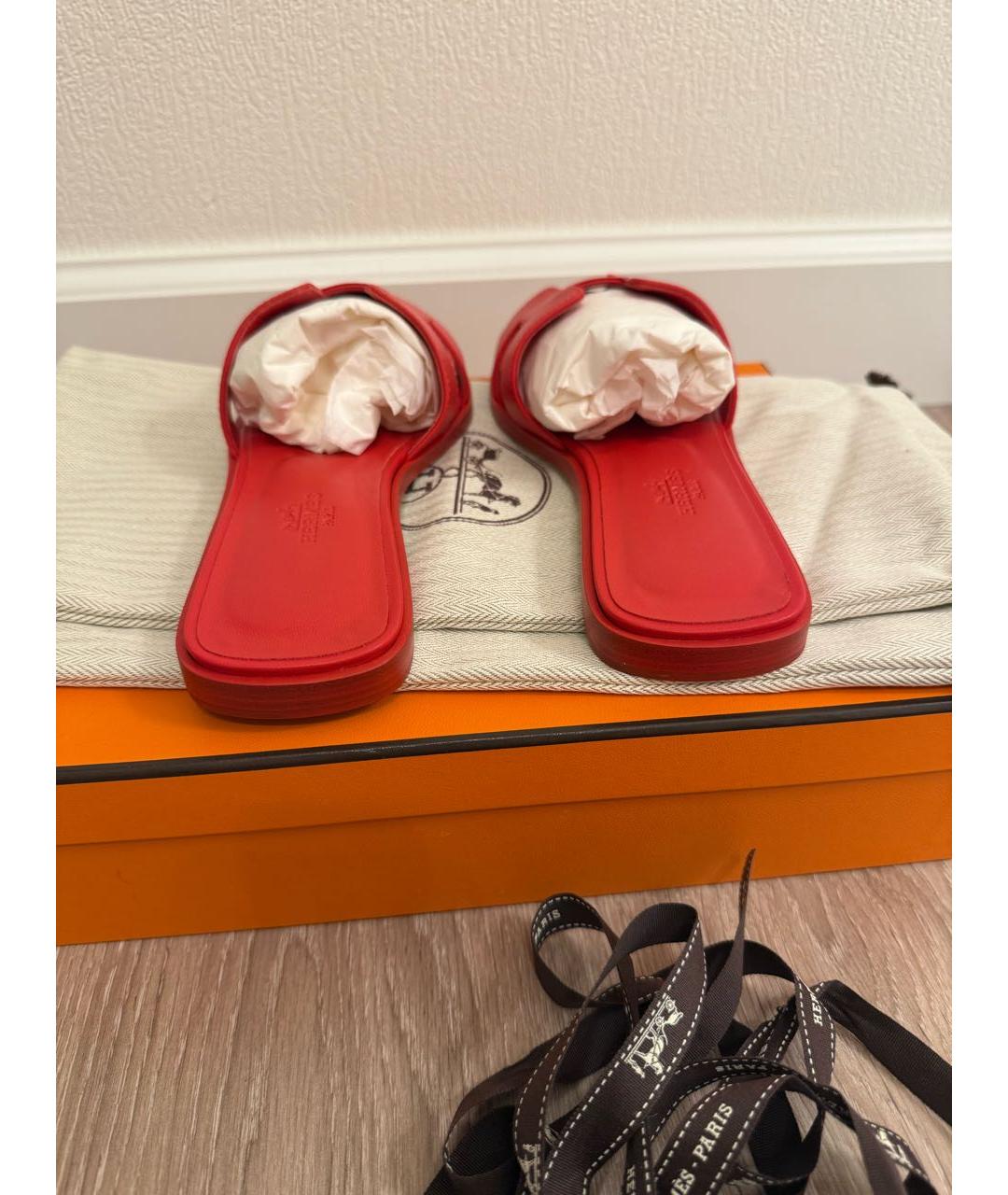 HERMES Красные кожаные шлепанцы, фото 6