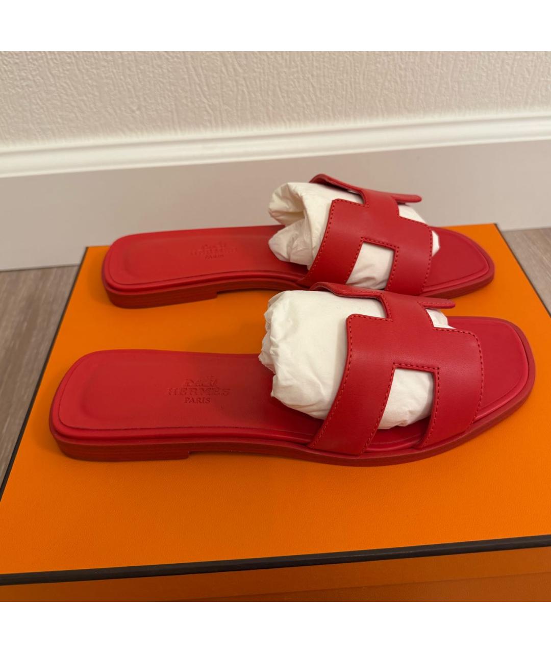 HERMES Красные кожаные шлепанцы, фото 4