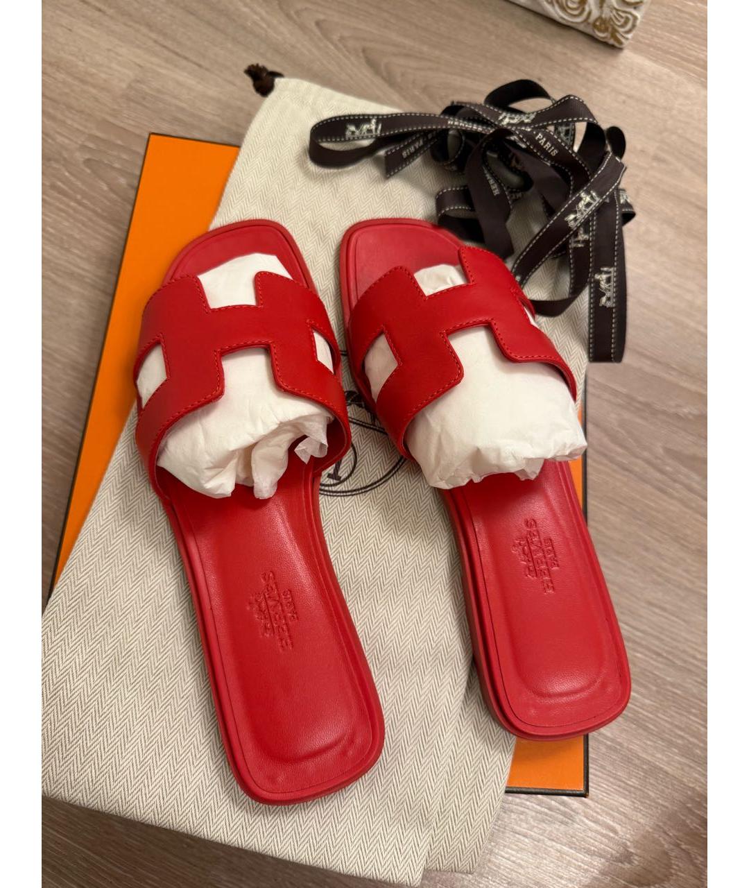 HERMES Красные кожаные шлепанцы, фото 8