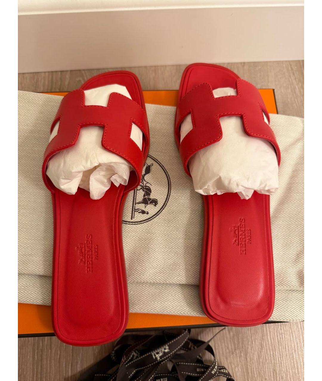 HERMES Красные кожаные шлепанцы, фото 3