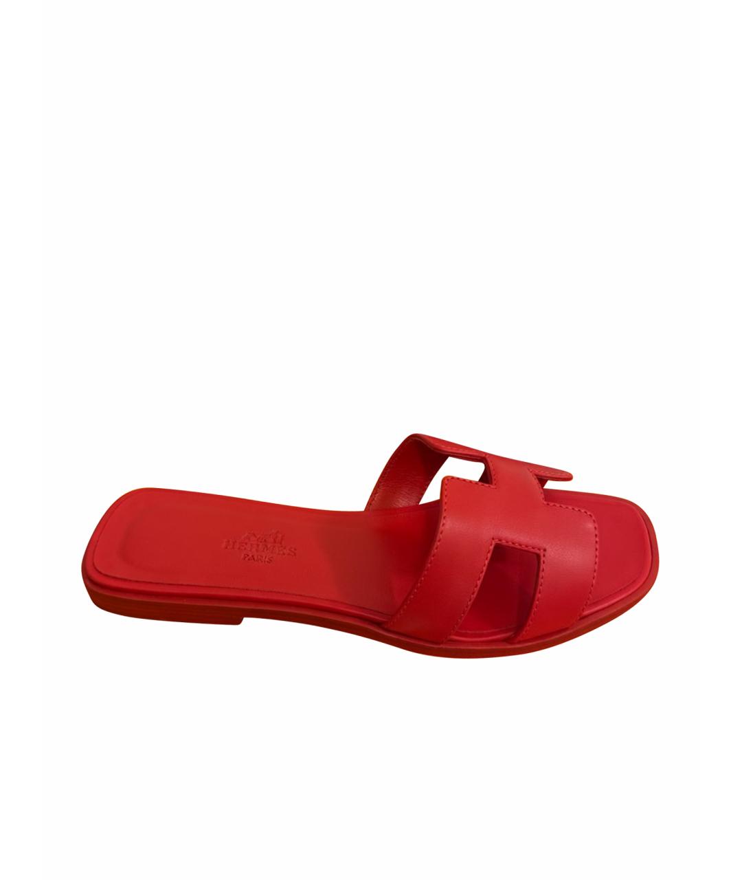 HERMES Красные кожаные шлепанцы, фото 1