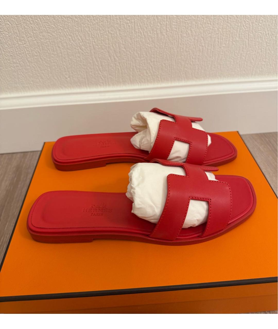 HERMES Красные кожаные шлепанцы, фото 9