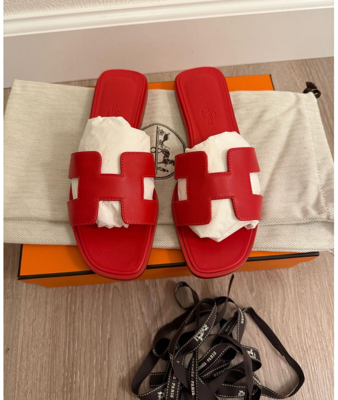 HERMES Красные кожаные шлепанцы, фото 2
