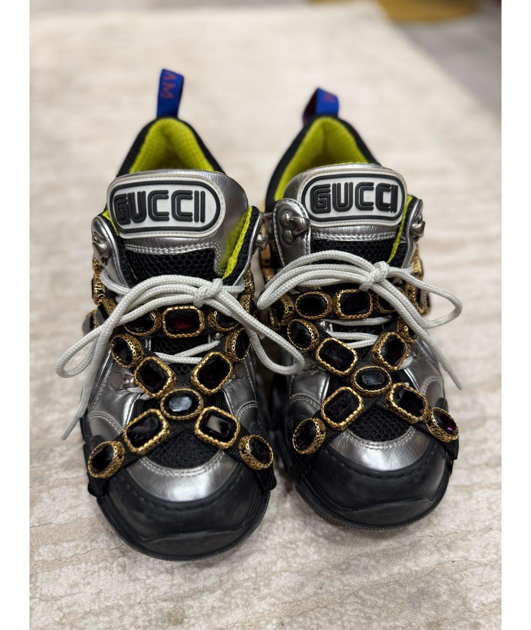 GUCCI Серебряные кожаные кроссовки, фото 2