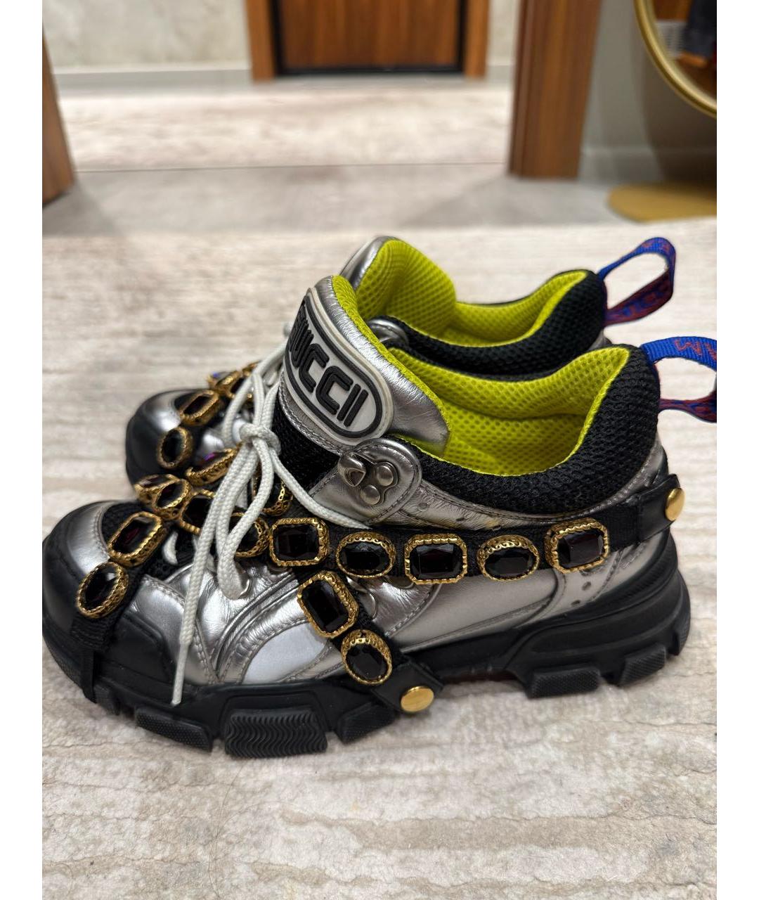 GUCCI Серебряные кожаные кроссовки, фото 5