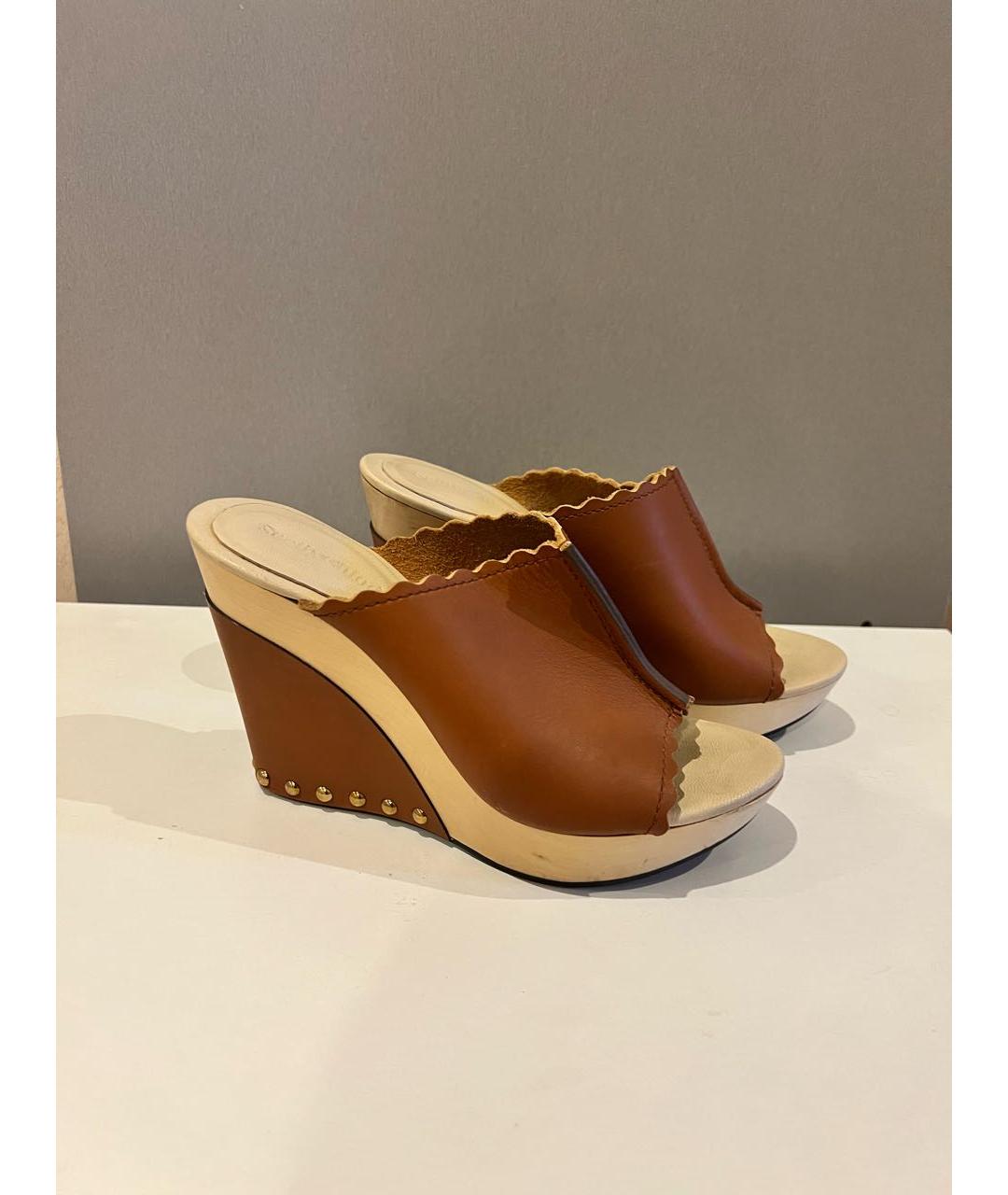 SEE BY CHLOE Горчичные кожаные сабо, фото 5