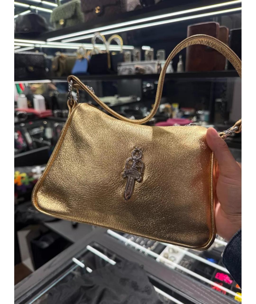 CHROME HEARTS Золотая кожаная сумка с короткими ручками, фото 7