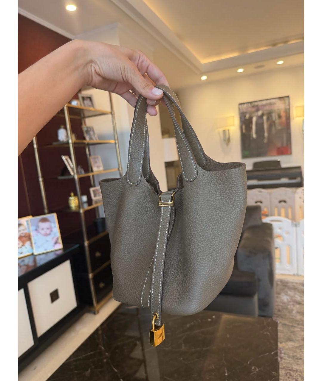 HERMES Хаки кожаная сумка с короткими ручками, фото 3