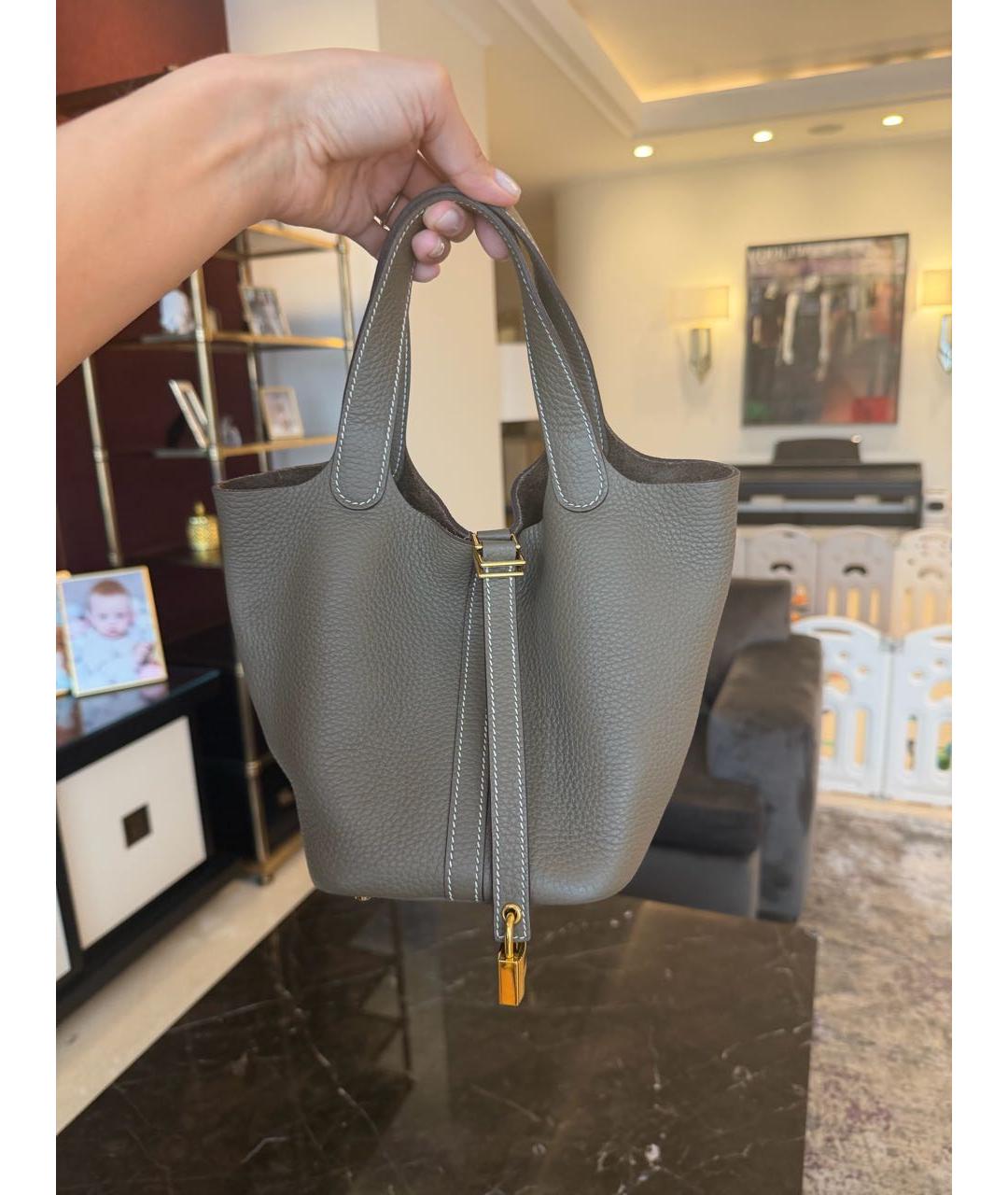 HERMES Хаки кожаная сумка с короткими ручками, фото 6