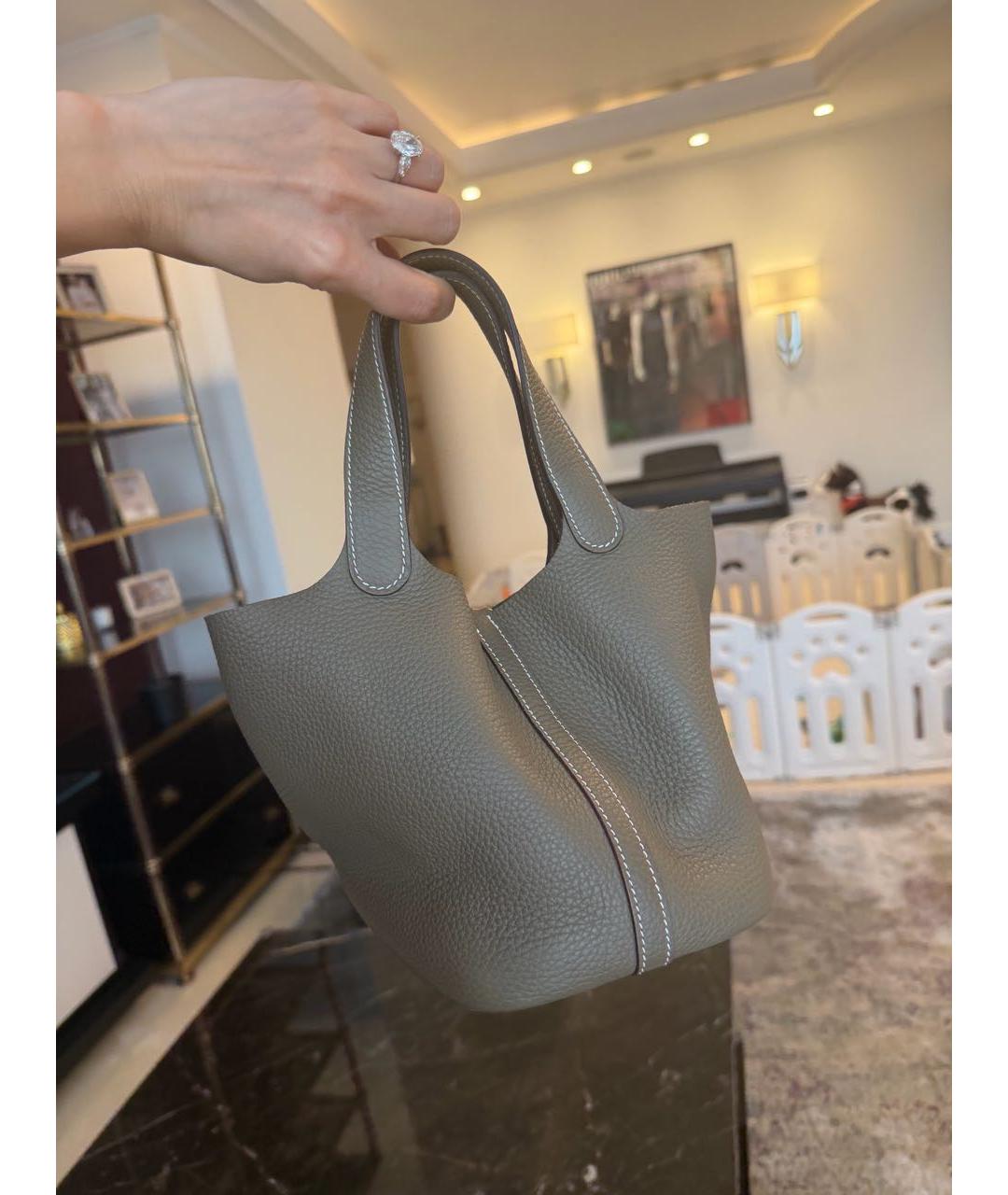 HERMES Хаки кожаная сумка с короткими ручками, фото 5