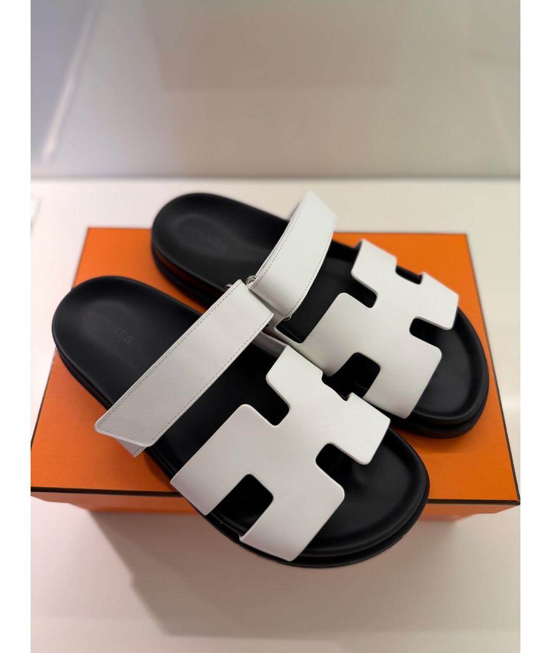 HERMES Белые кожаные шлепанцы, фото 4