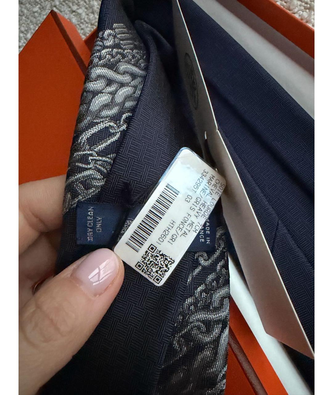 HERMES Темно-синий шелковый галстук, фото 4