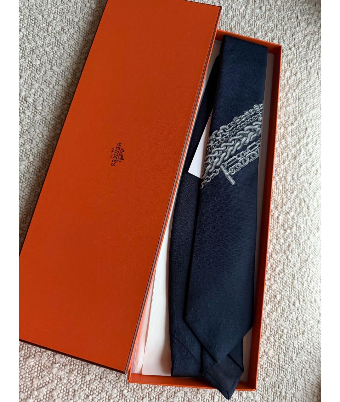 HERMES Темно-синий шелковый галстук, фото 6