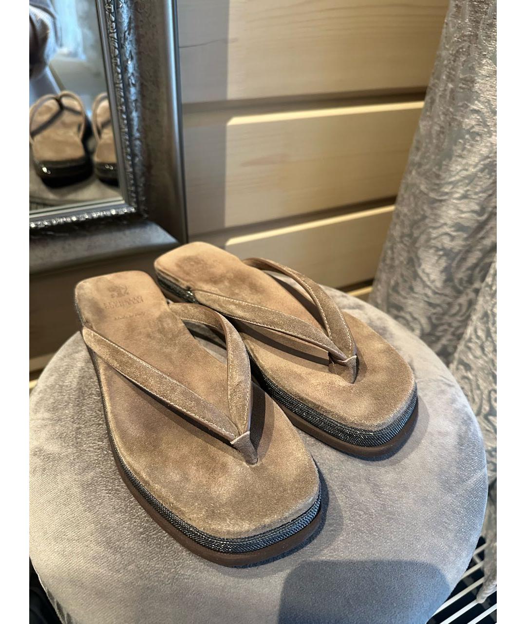 BRUNELLO CUCINELLI Бежевые замшевые шлепанцы, фото 2