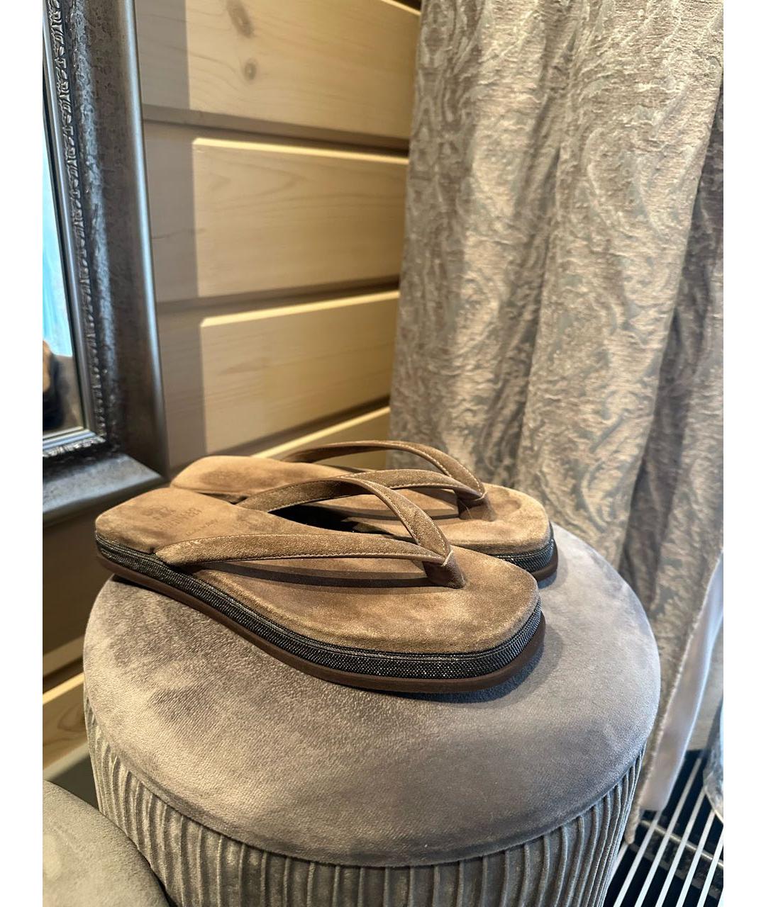 BRUNELLO CUCINELLI Бежевые замшевые шлепанцы, фото 4