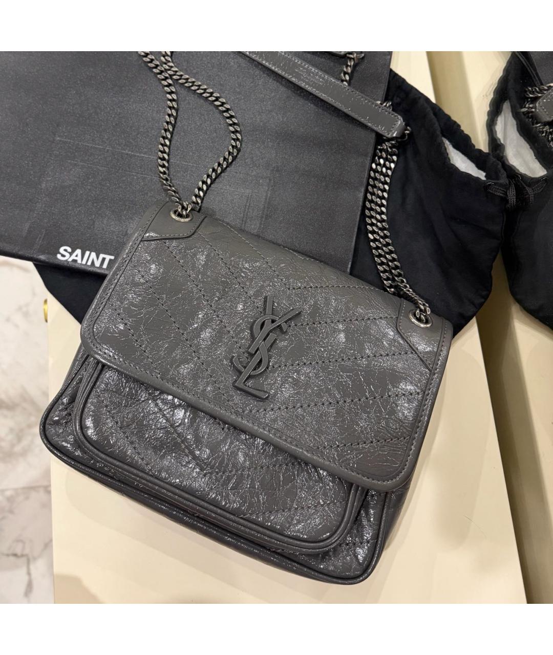 SAINT LAURENT Серая кожаная сумка через плечо, фото 3
