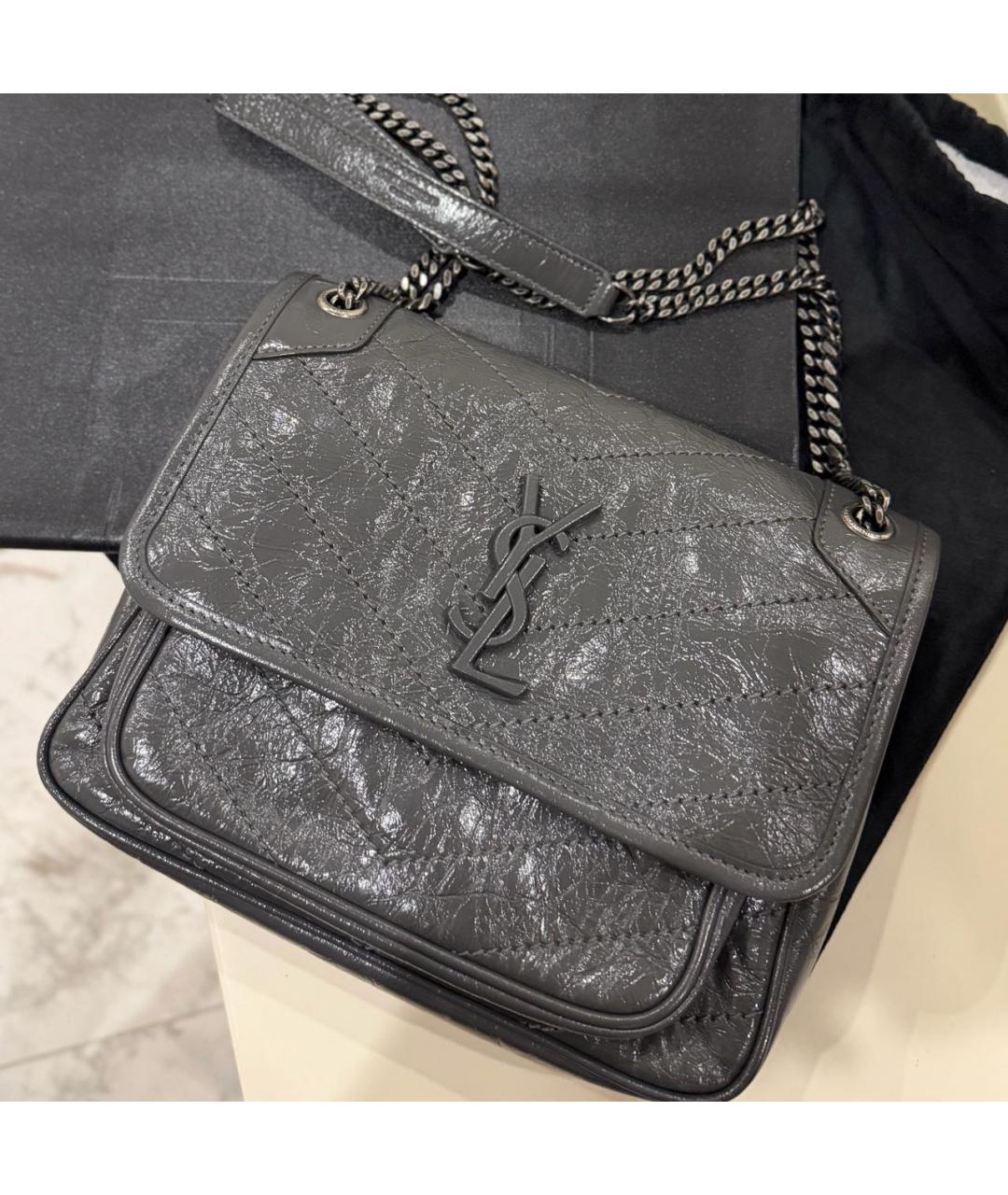 SAINT LAURENT Серая кожаная сумка через плечо, фото 2