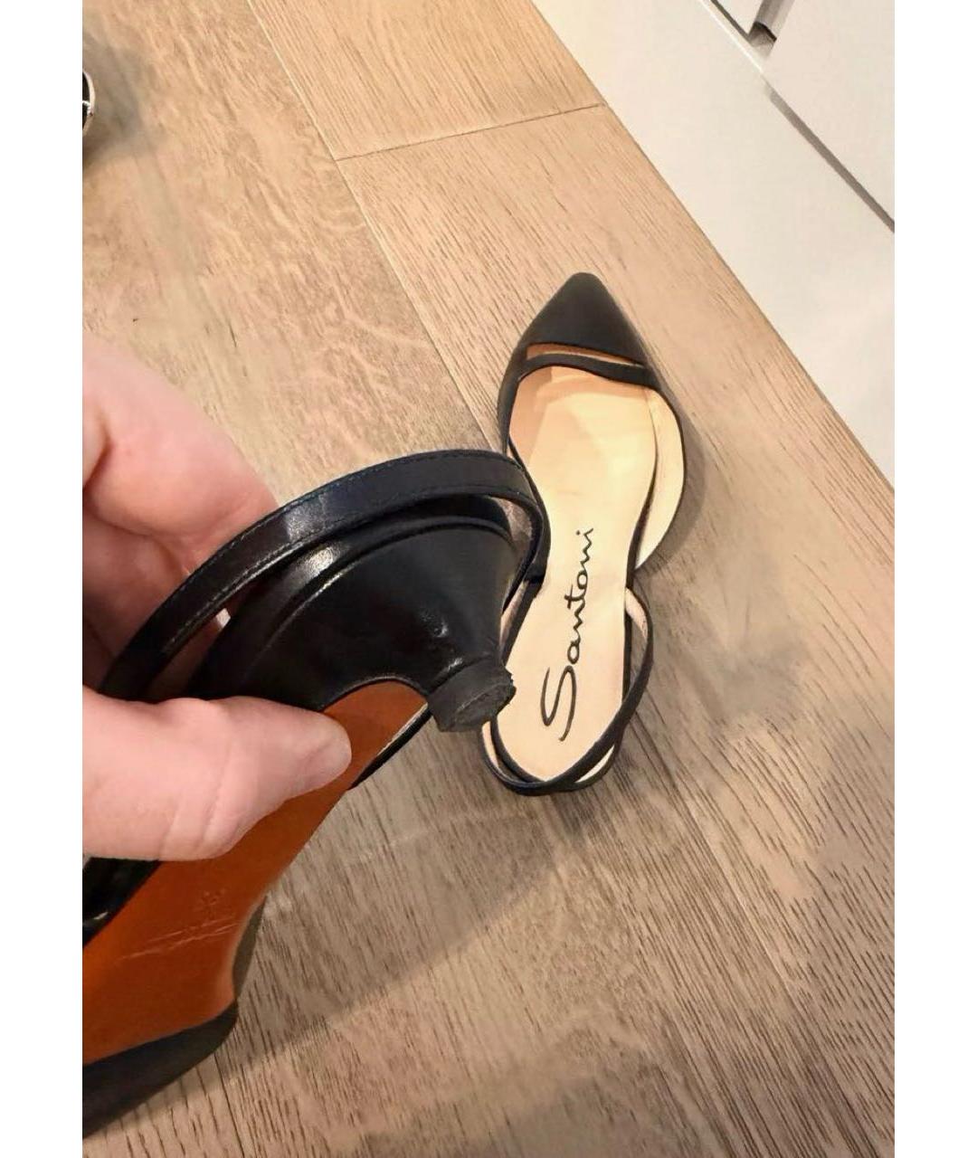 SANTONI Черные кожаные лодочки на низком каблуке, фото 6