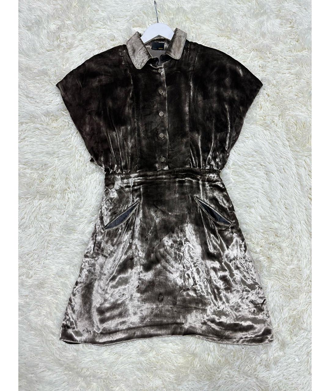 FENDI Коричневое бархатное повседневное платье, фото 7