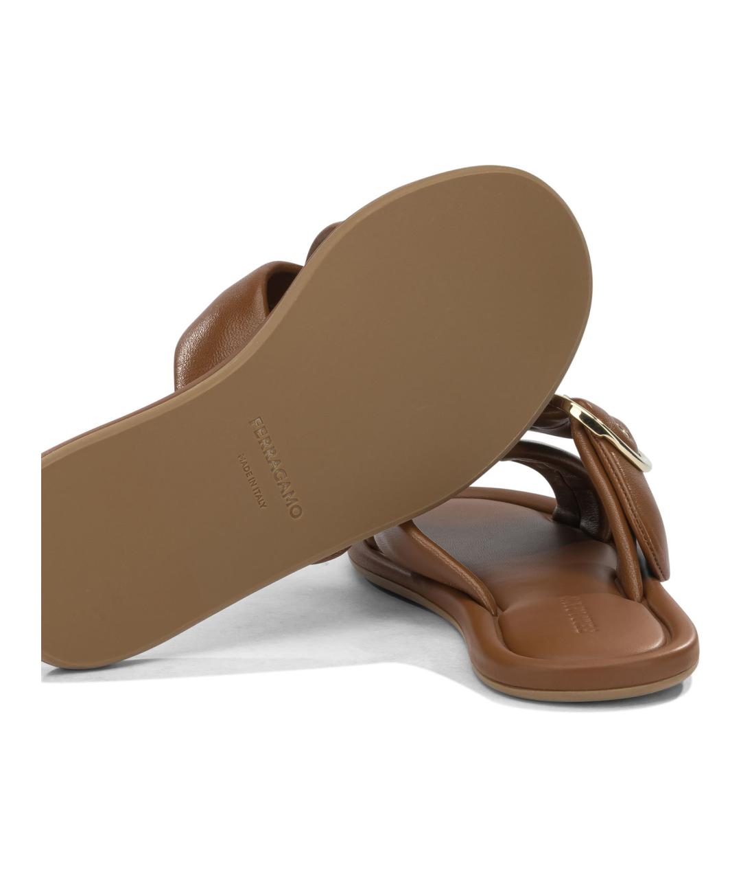 FERRAGAMO Коричневые кожаные шлепанцы, фото 5