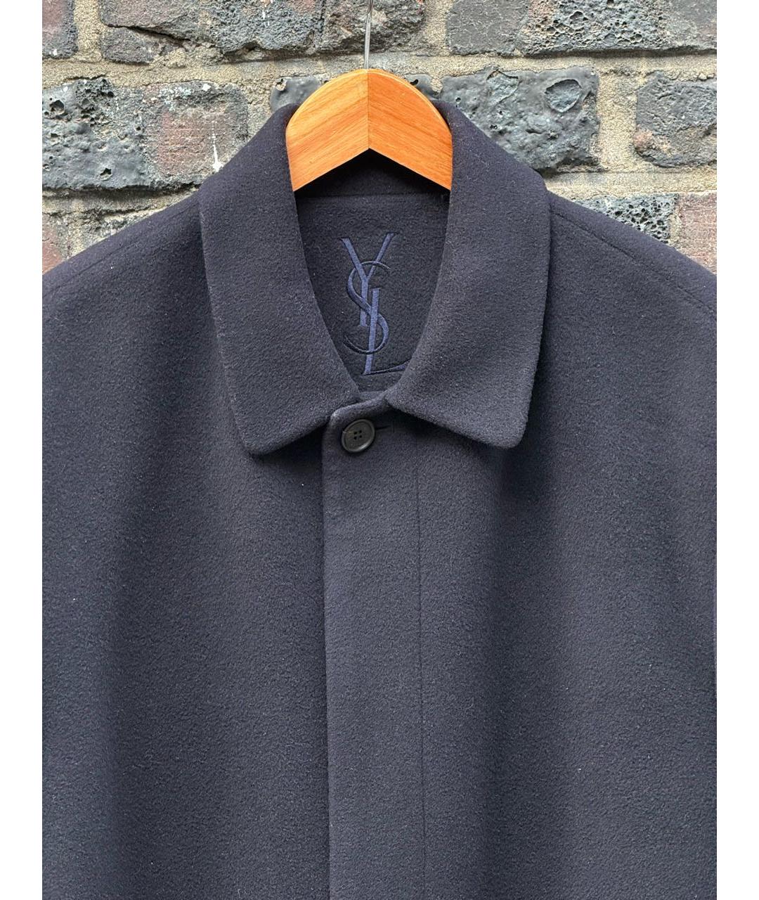 SAINT LAURENT Темно-синее шерстяное пальто, фото 2