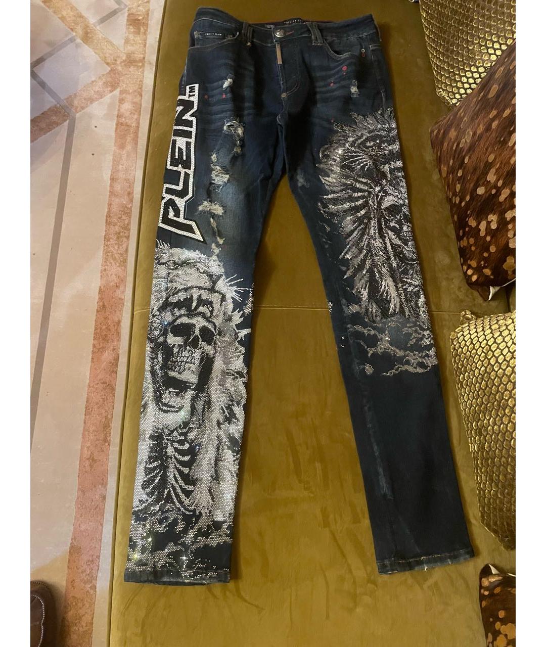 PHILIPP PLEIN Темно-синие хлопко-эластановые прямые джинсы, фото 5