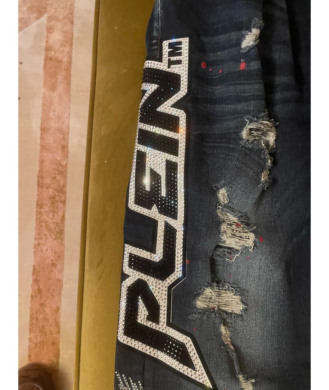 PHILIPP PLEIN Темно-синие хлопко-эластановые прямые джинсы, фото 4