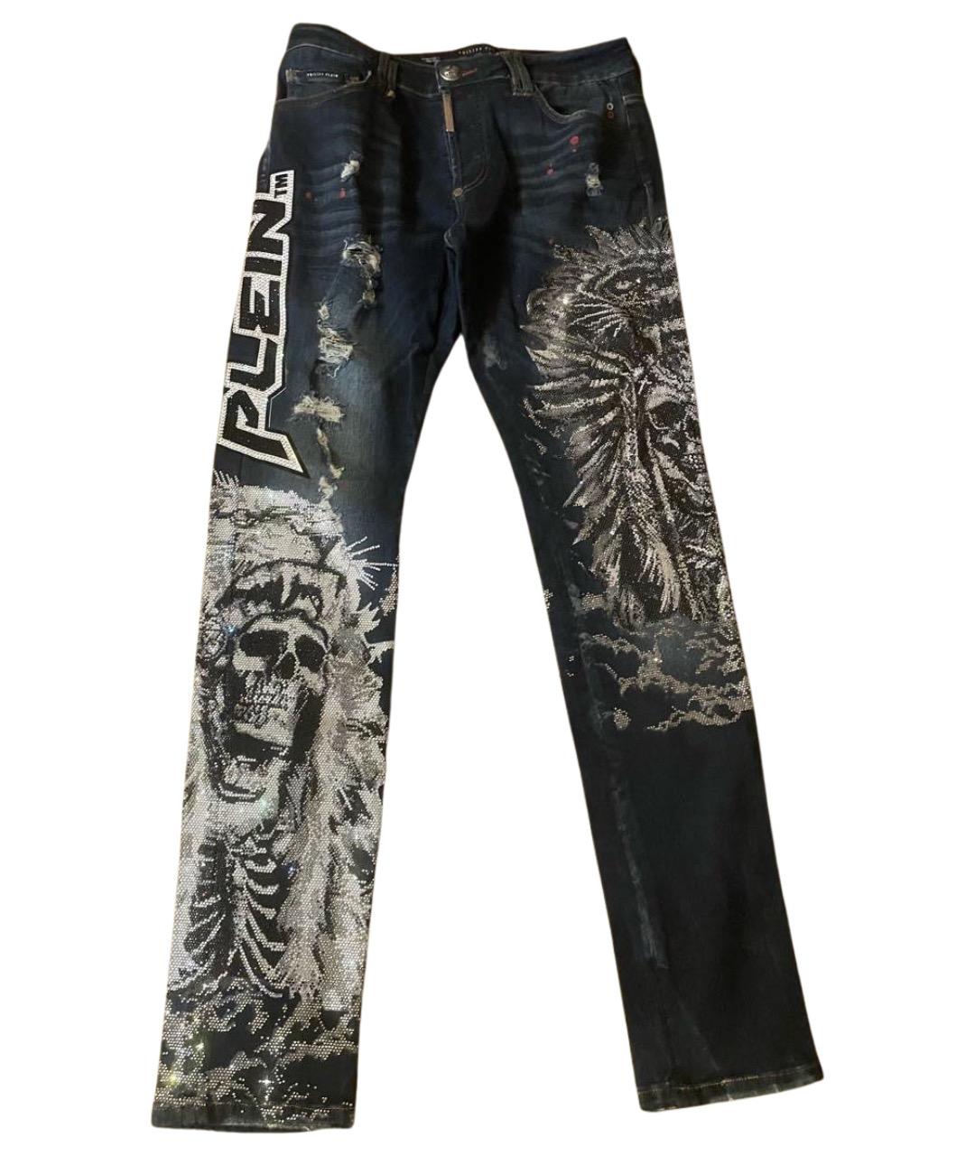 PHILIPP PLEIN Темно-синие хлопко-эластановые прямые джинсы, фото 1