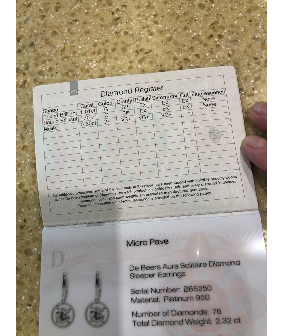 DE BEERS Белые платиновые серьги, фото 7