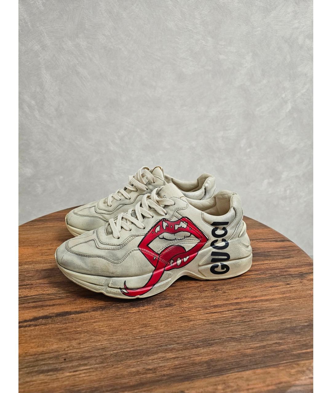 GUCCI Бежевые кожаные кроссовки, фото 10