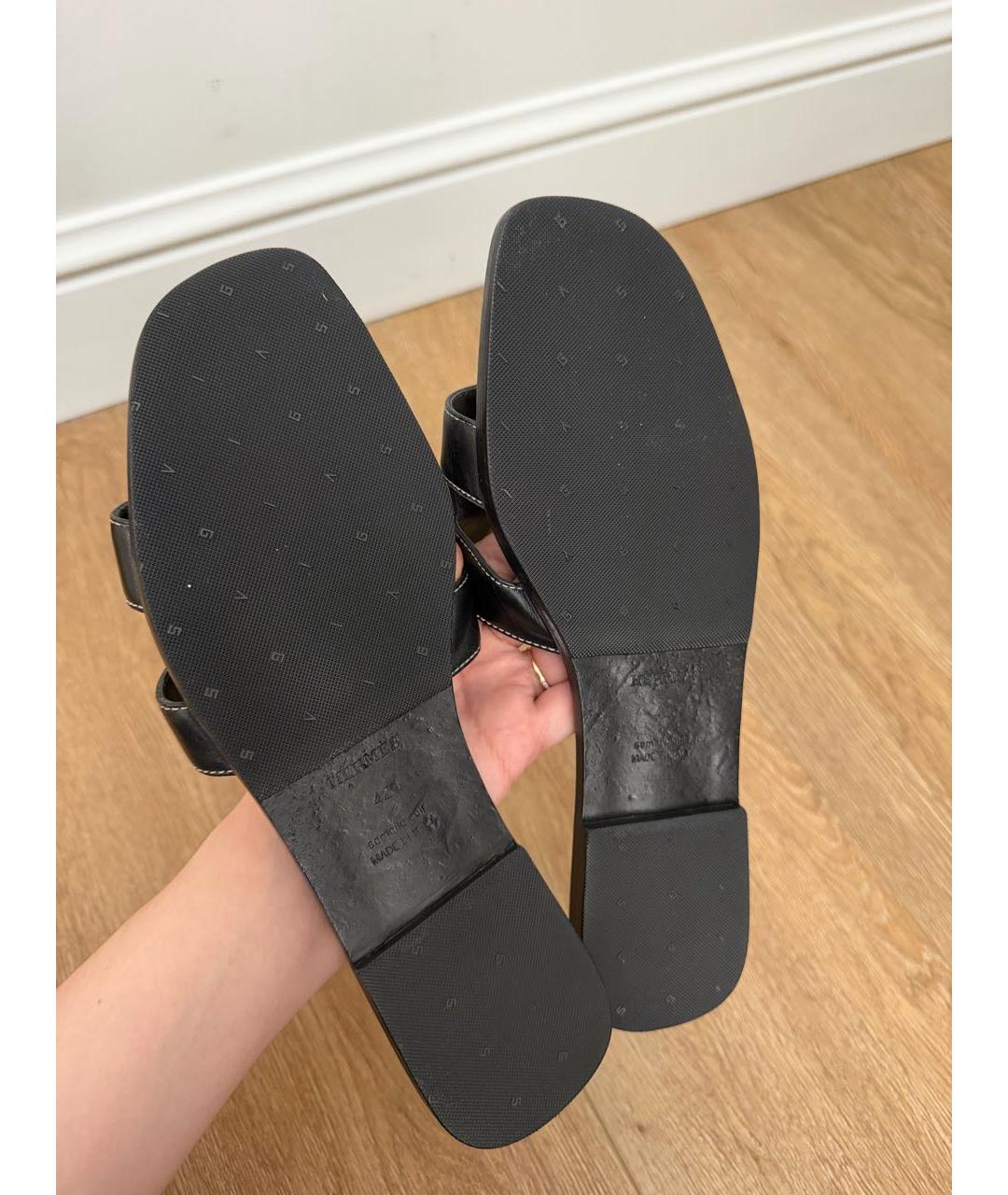 HERMES Черные кожаные шлепанцы, фото 5