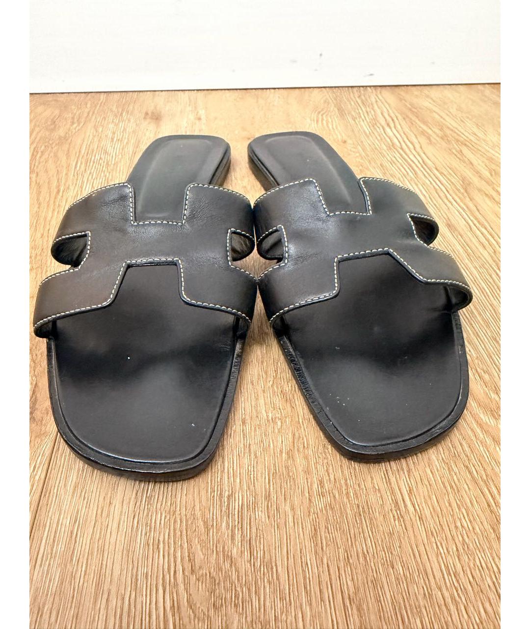 HERMES Черные кожаные шлепанцы, фото 2