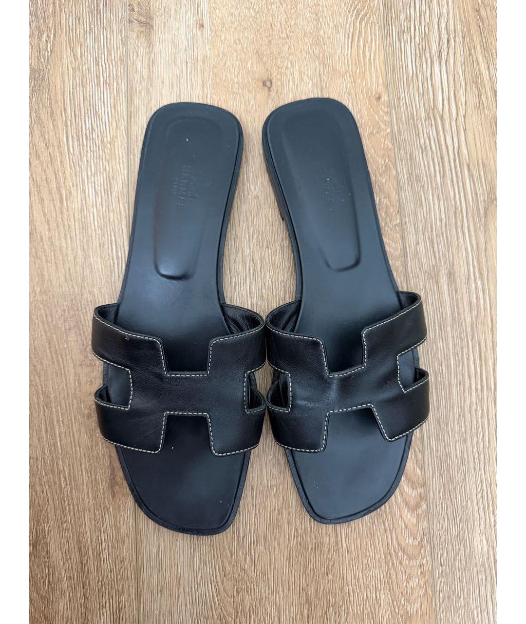 HERMES Черные кожаные шлепанцы, фото 3