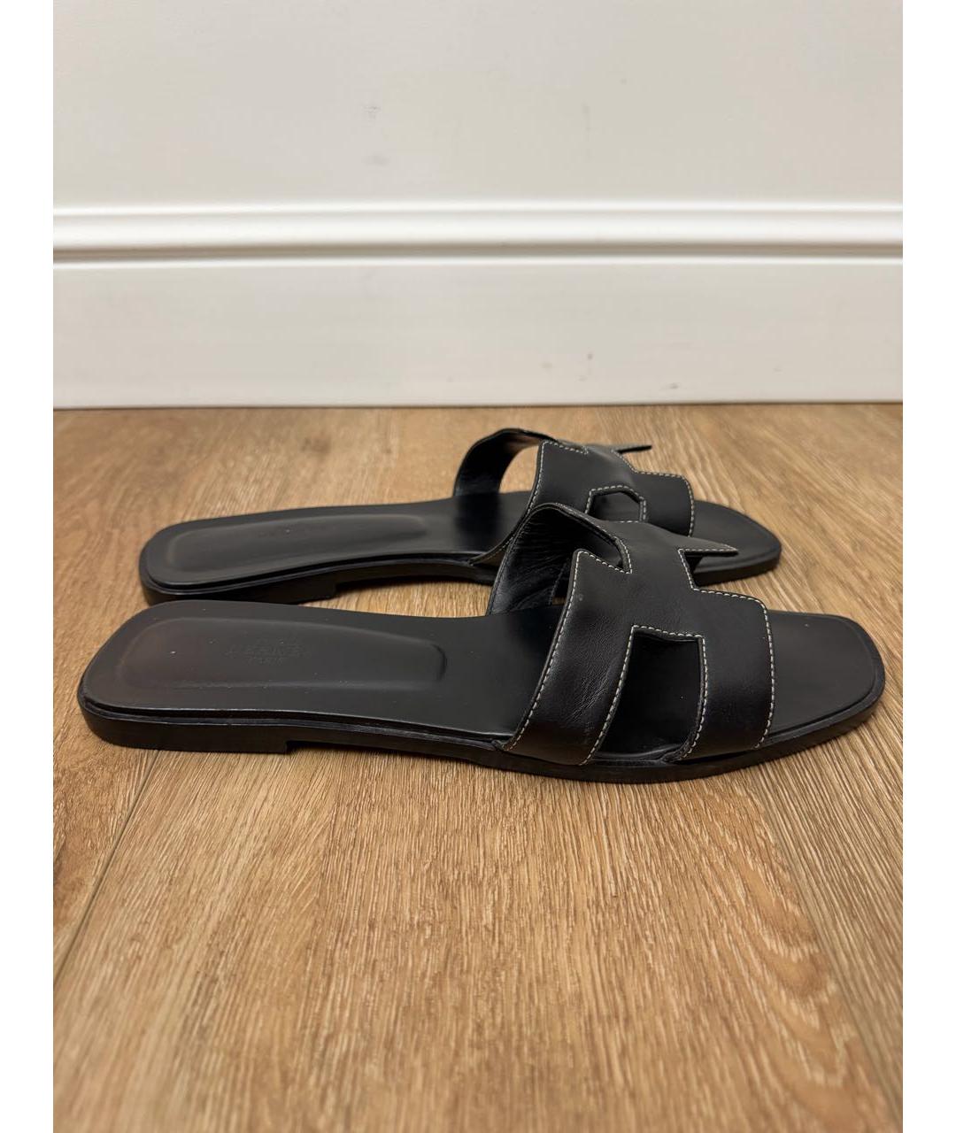 HERMES Черные кожаные шлепанцы, фото 8