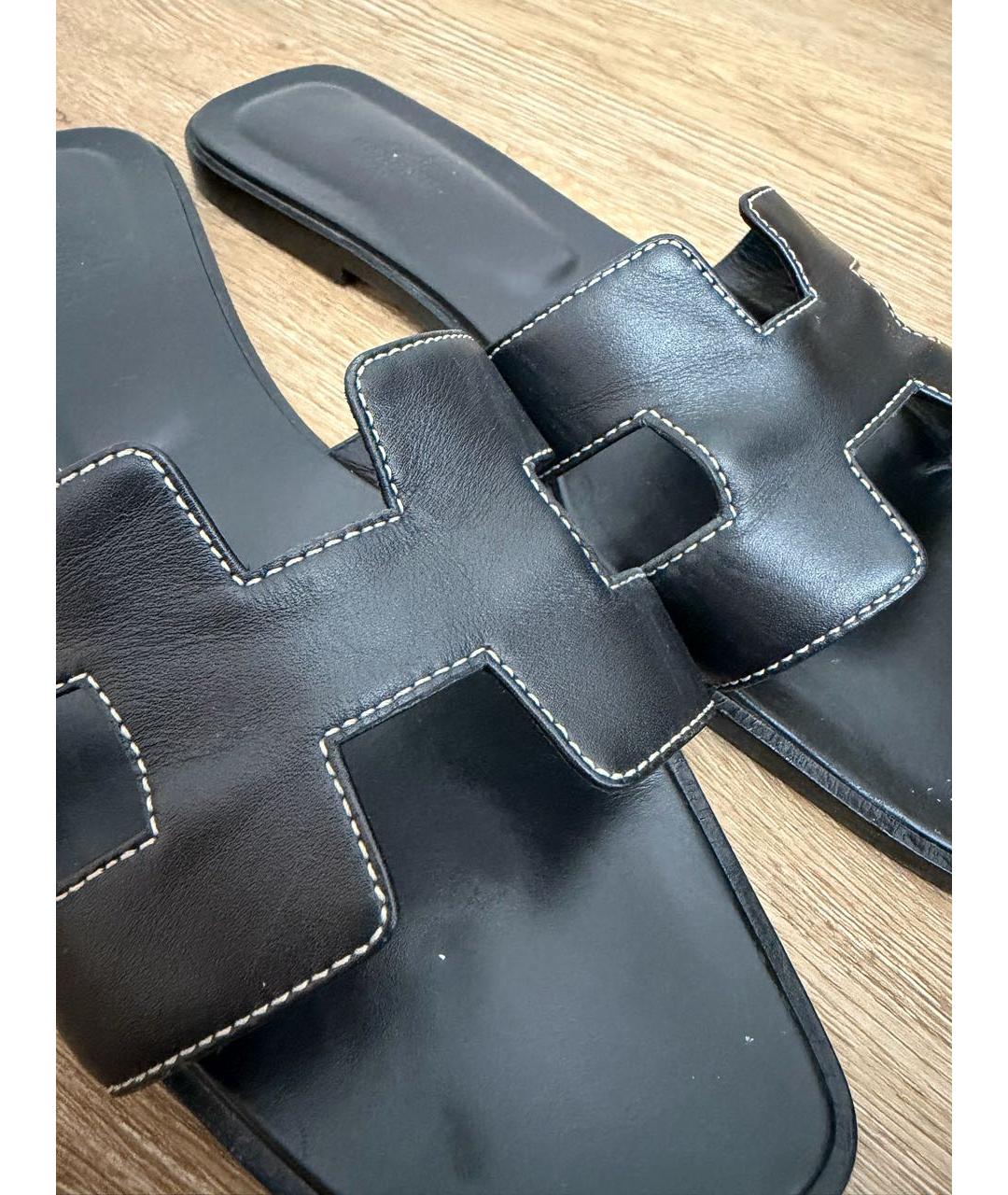 HERMES Черные кожаные шлепанцы, фото 7
