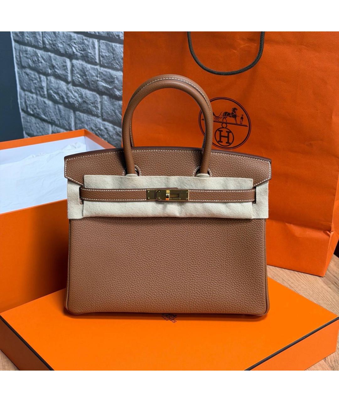 HERMES Коричневая кожаная сумка с короткими ручками, фото 4