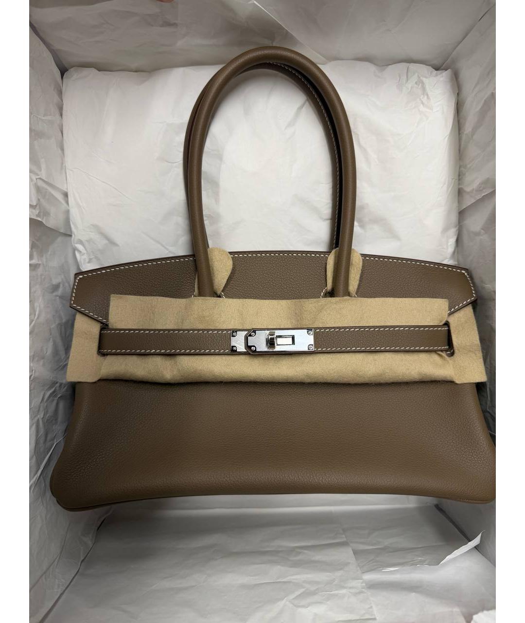 HERMES Хаки кожаная сумка с короткими ручками, фото 2