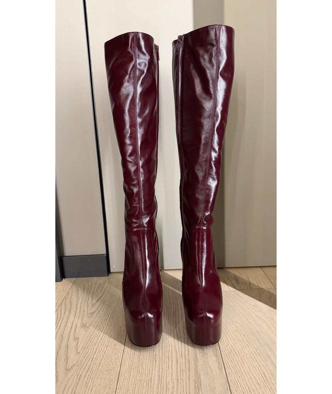 SAINT LAURENT Бордовые кожаные сапоги, фото 2