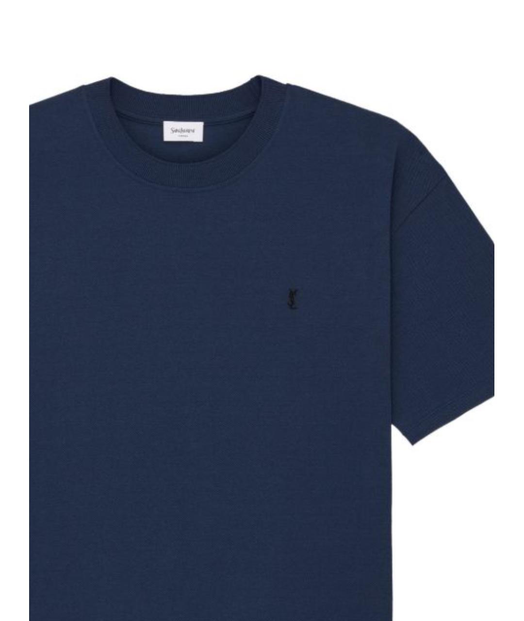 SAINT LAURENT Темно-синяя хлопковая футболка, фото 2