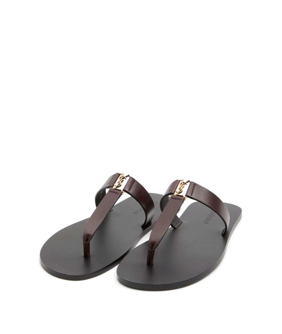 SAINT LAURENT Коричневые кожаные шлепанцы, фото 2