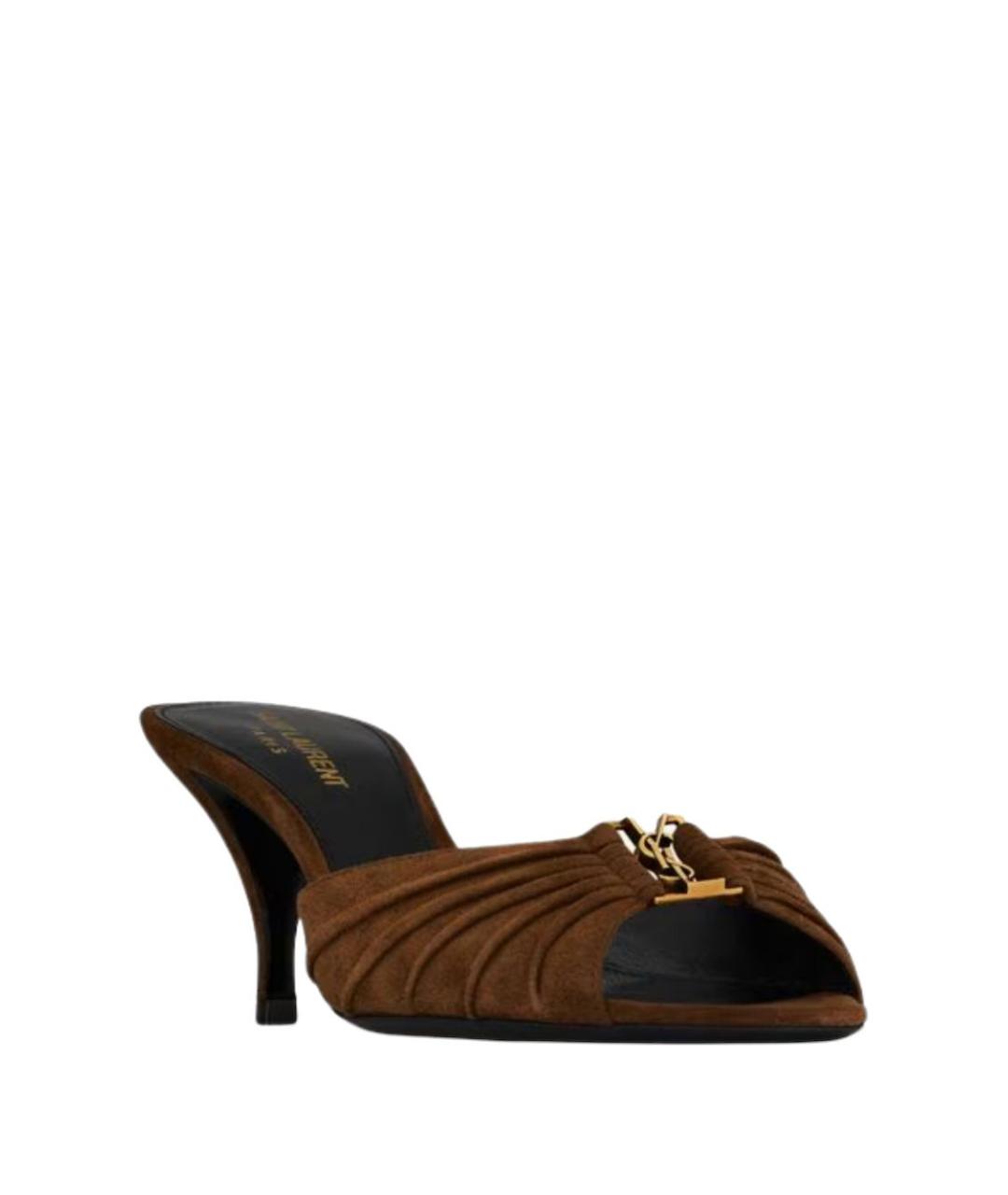 SAINT LAURENT Коричневые замшевые мюли, фото 2