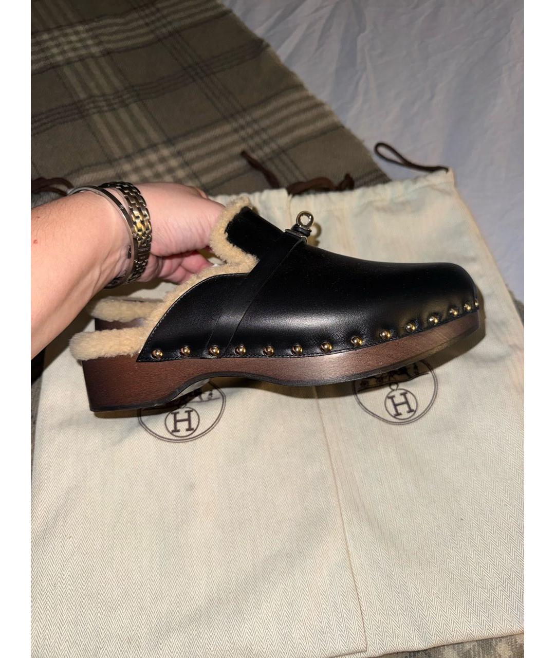 HERMES Черные кожаные мюли, фото 6