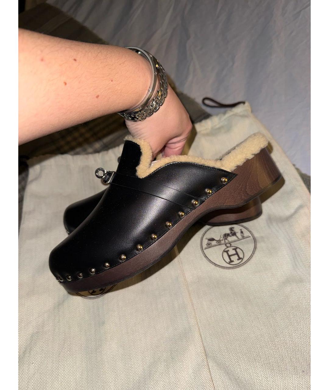 HERMES Черные кожаные мюли, фото 7