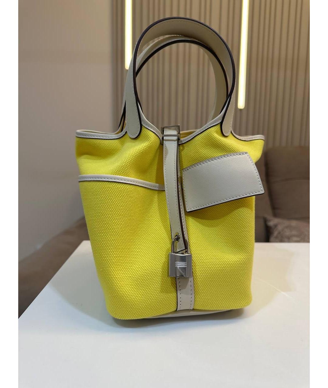 HERMES Желтая тканевая сумка с короткими ручками, фото 4