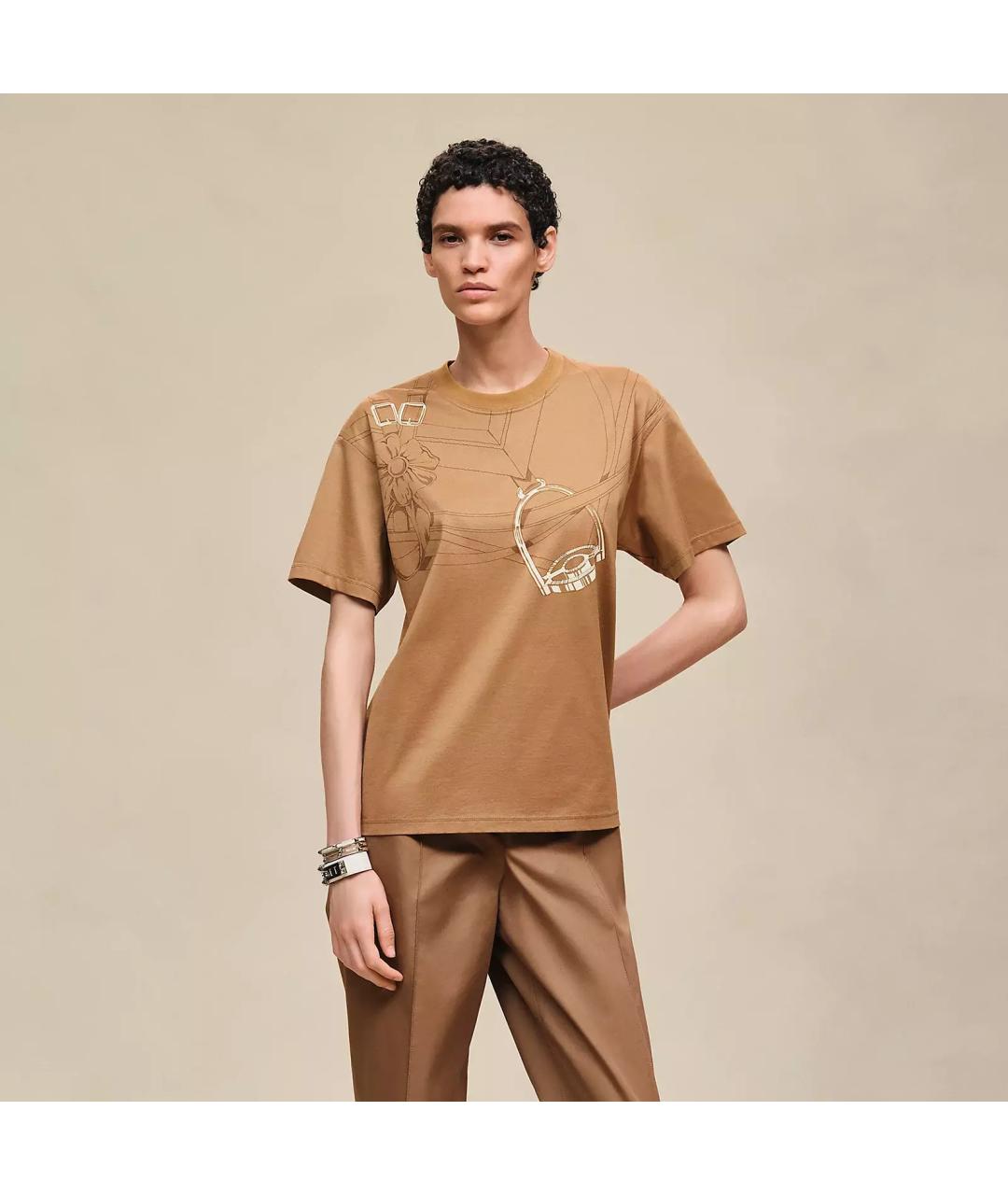 HERMES Коричневая хлопковая футболка, фото 2