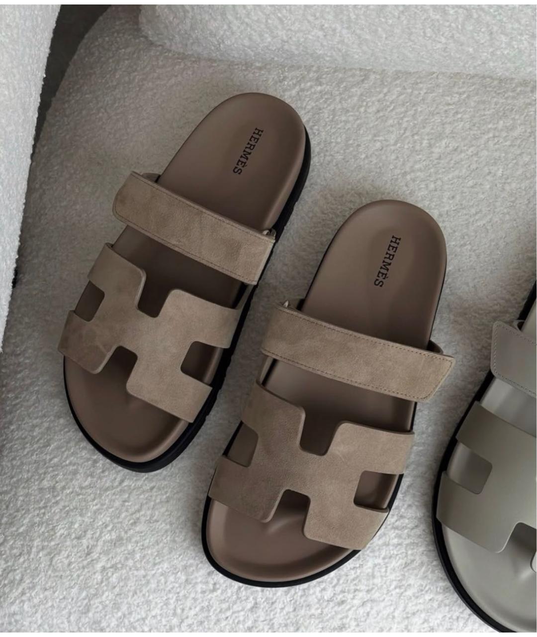 HERMES Бежевые замшевые шлепанцы, фото 2