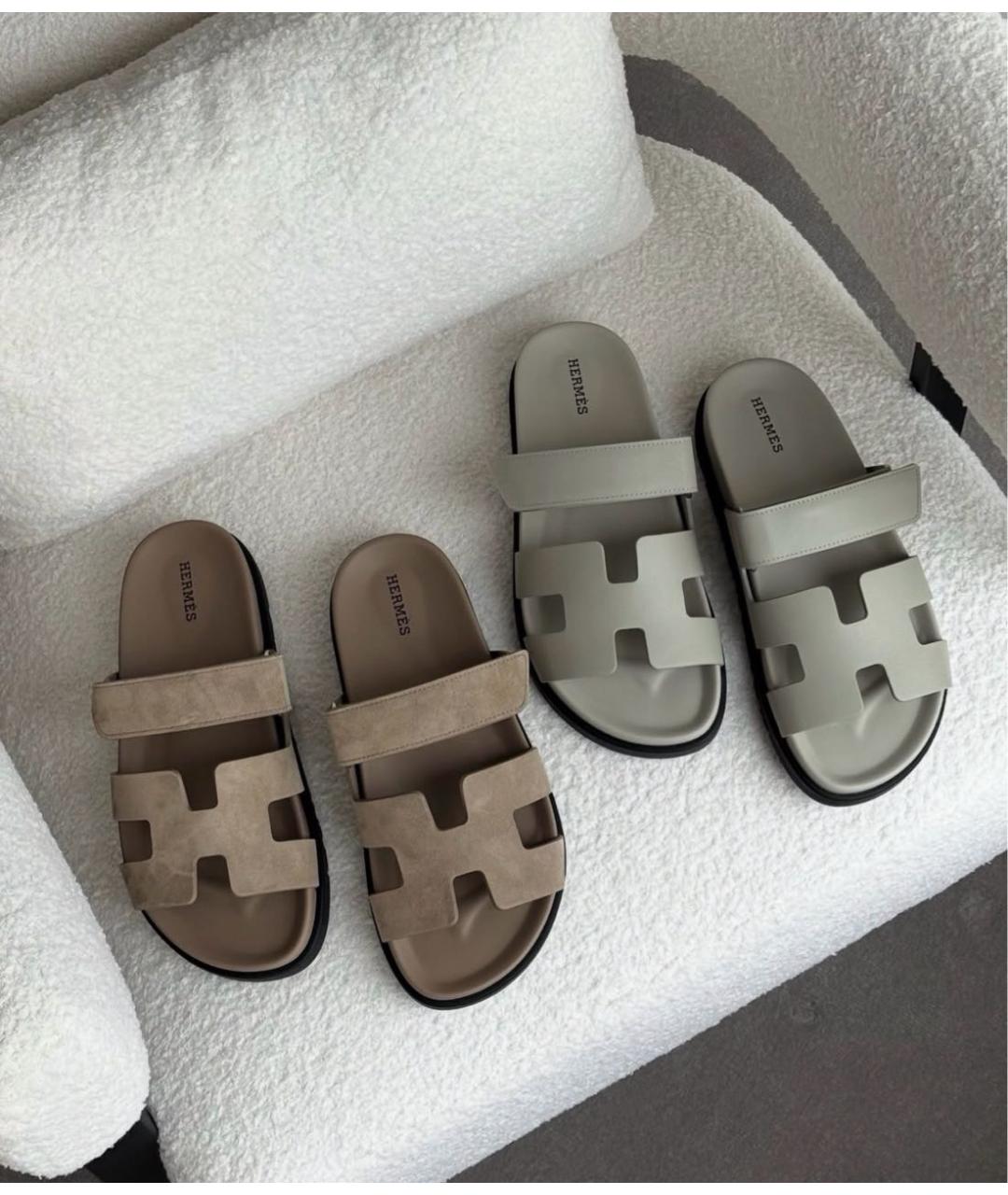 HERMES Бежевые замшевые шлепанцы, фото 3